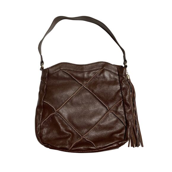 Womens Shoulder Bag Purse Nyla Noor Faux Pebbled Leather Patchwork Tassel Brown - Picture 2 of 13